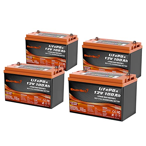 Enjoybot LiFePO4 Battery 12V 100AH Lithium Battery, Built-in 100A BMS Low Temperature Cut Off Lithium Iron Phosphate Battery Perfect for RV, Solar, Marine, Camping, Home Energy Storage(4 Pack)