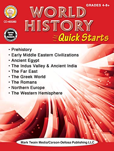 World History Workbook, Grades 4-12 Social Studies Lessons on Prehistory, Early Civilizations, Ancient Egypt and India, Romans, Greek World, and the Western Hemisphere (64 pgs) (Quick Starts)