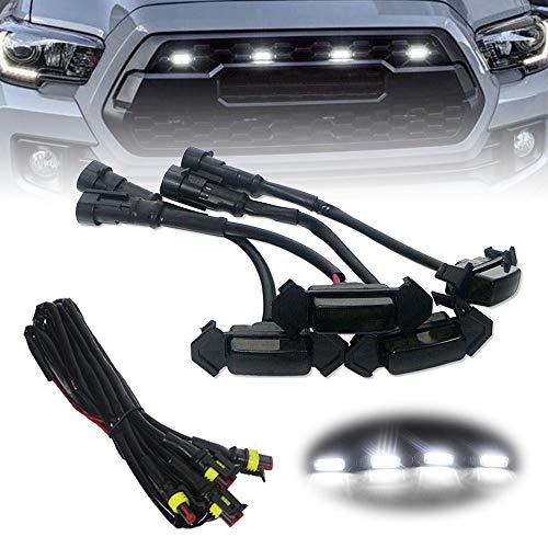 Smoked Lens Front Grille White LED Light Assembly and Wiring Harness - Set of 4 Pieces Compatible for 2016-up Toyota Tacoma with TRD Pro Grill Only (White-4PCS)