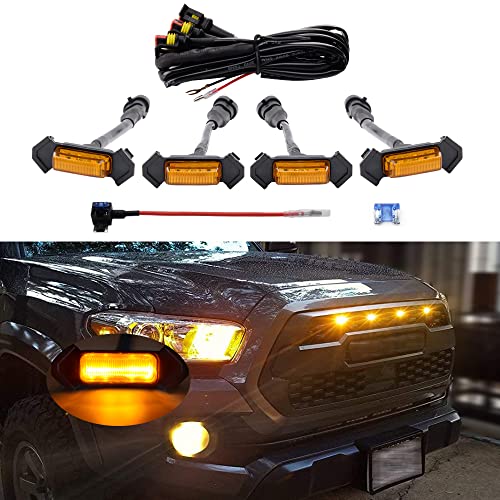 MEALAM Amber LED Lights 4PCS Front Grille Raptor Lamps Car Accessories with Harness and Fuse, Compatible with 2016 2017 2018 2019 Toyotaa Tacoma TRD Pro