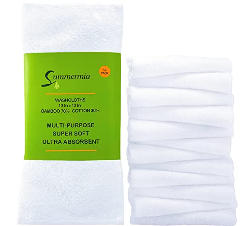 SUMMERMIA 12 Pack Bamboo Washcloths 13" x 13" - Soft Wash Cloths for Your Face Towel, Wash Cloths for Your Body (White)