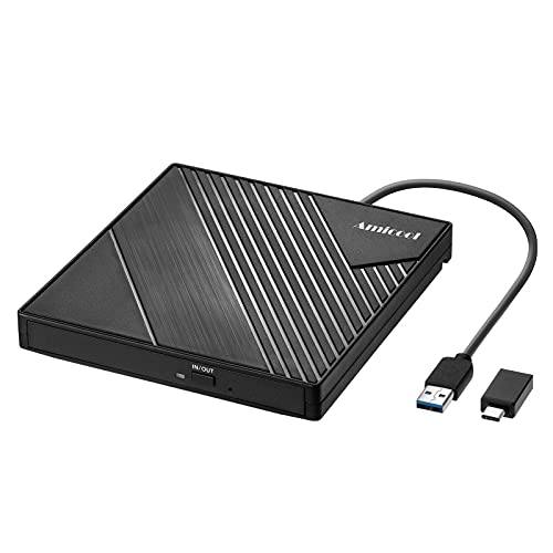 Amicool External DVD Drive USB 3.0 USB C CD Burner CD/DVD +/-RW Optical Drive,Slim Portable DVD CD ROM Rewriter Writer Duplicator for Laptop Desktop PC Windows 10/8/7 MacBook Mac Linux OS Apple