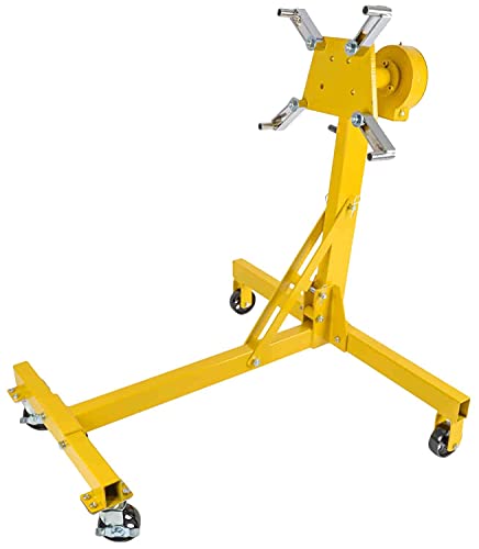 JEGS Folding Engine Stand | Geared Rotating Head | Yellow Finish | 1000 LBS Capacity | 360 Degree Adjustable Mounting Head | 4 Ball-Bearing Swivel Caster Wheels | Heavy-Duty Steel Frame