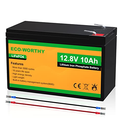 ECO-WORTHY 12V 10Ah Lithium LiFePO4 Deep Cycle Battery with 3000+ Cycles, Built-in BMS, Perfect for Kids Scooters, Fishfinder, Lighting, Power Wheels, Lawn Mower, Cyberpower UPS