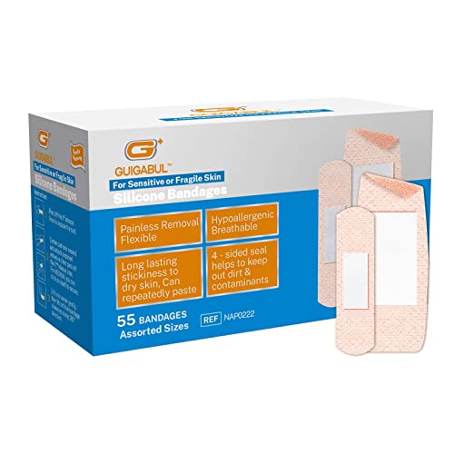 Painless Removal Silicone Bandages for Elderly Sensitive Skin - 40 Counts 0.75''x3'' Medium and 15 Counts 1.63''x4'' Extra Large Bandaids by G+ GUIGABUL - Hypoallergenic - Latex Free