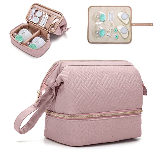 Fasrom Wearable Breast Pump Bag Compatible with Willow, Elvie Pumps and Medela Pump in Style, Double Layer Carrying Case with Waterproof Mat and Insulated Pockets, Pink (Patent Design)