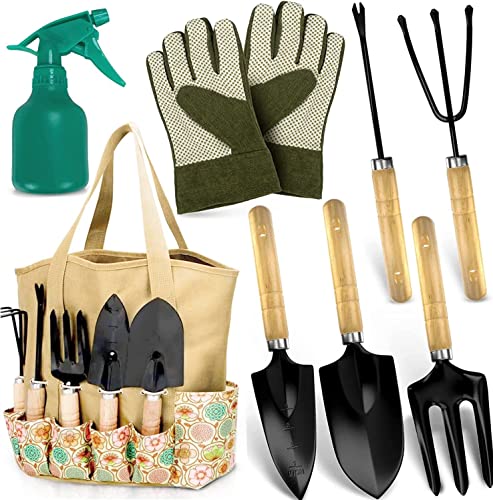 Scuddles Garden Tools Set - 8 Piece Heavy Duty Gardening Kit With Storage Organizer, Ergonomic Hand Digging Weeder Rake Shovel Trowel Sprayer Gloves Gift for Men Or Women