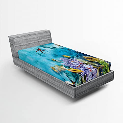 Lunarable Ocean Fitted Sheet, Corals Fishes Jellyfish Scatefish Starfish in Shallow Underwater, Soft Decorative Fabric Bedding All-Round Elastic Pocket, Twin Size, Sea Blue
