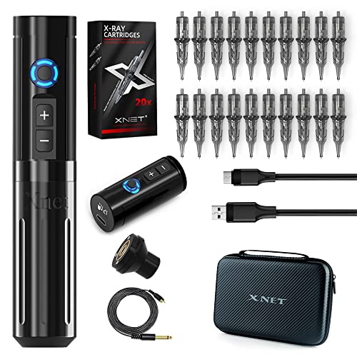 Xnet Complete Tattoo Kit - Wireless Tattoo Machine with Extra Battery Coreless Motor Rotary Tattoo Pen 20Pcs Tattoo Cartridge Needles 1500mAh Power Digital LCD Display for Professional Tattoo Artists