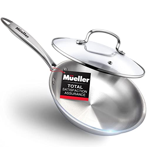 Mueller DuraClad Tri-Ply Stainless Steel 8-Inch Fry Pan with Lid, Extra Strong Cookware, 3-layer Bottom, Even Heat Distribution, Ergonomic and EverCool Stainless Steel Handle