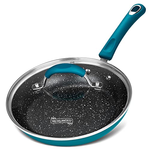 MICHELANGELO Nonstick Small Frying pan , Stone-Derived Non-Stick Granite Small Frying Pan, 8 Inch Frying Pan with Soft Grip Handle, Blue Nonstick Egg Frying Pan with Lid - 8 Inch