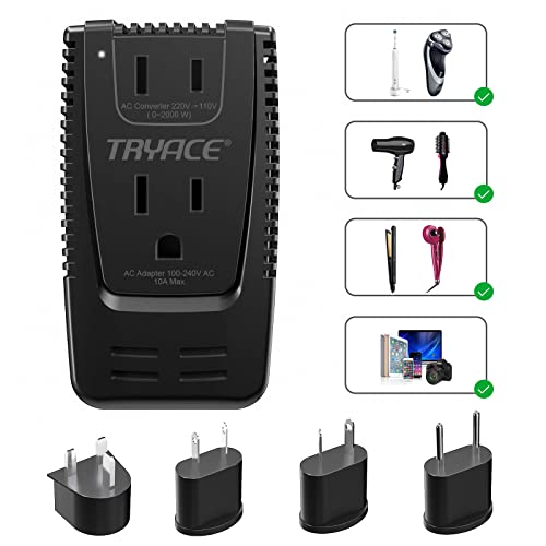 Upgrade TryAce 2000W Voltage Converter, Step Down 220V to 110V Converter for Hair Dryer Straightener Curling Iron, Suitable for Toothbrush Shaver, 10A Power Adapter for Laptop Phone, EU/UK/AU/US Plug