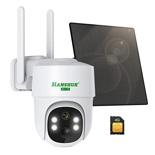 Manshur 4G LTE Cellular Security Camera Outdoor Wireless, Cameras Without WiFi Needed 360PTZ 2K/3MP Color Night Vision, 2 Way Talk, PIR Motion Detection, Spotlight, No WiFi Supported, IP66, Cloud/SD