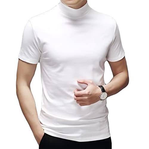 Men's T Shirt Short Sleeve Basic Mock Turtleneck Slim Fit Undershirt Pullover Thermal Solid Tops White