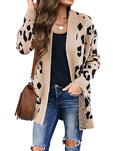 ZESICA Women's Long Sleeves Open Front Leopard Print Knitted Sweater Cardigan Coat Outwear,A Beige,Small