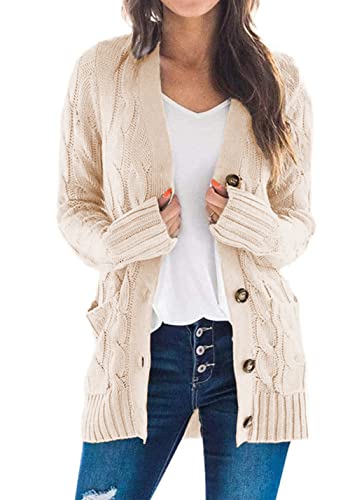 PRETTYGARDEN Women's Open Front Cardigan Sweaters Fashion Button Down Cable Knit Chunky Outwear Coats (Beige,Medium)