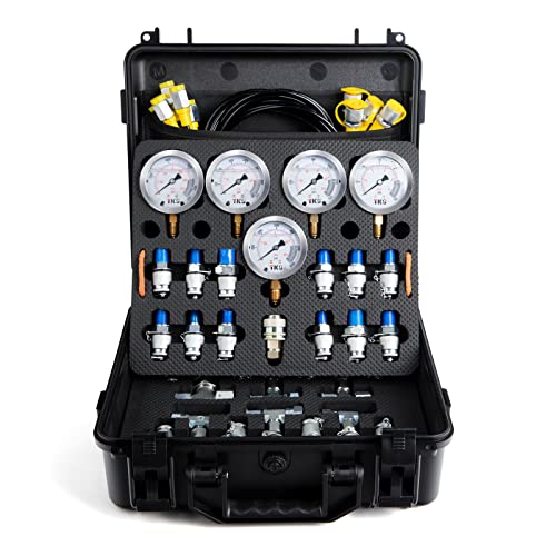 Hydraulic Pressure Test Kit600bar /8700psi / 60mpa 5 Gauges 13 Test Couplings 14 Tee Connectors 5 Test Hoses, Hydraulic Gauge Kit Sturdy Carrying Case for Excavator Construction Machinery Ships Mine