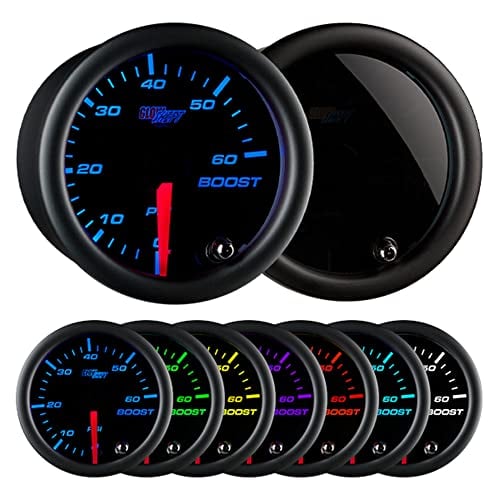 GlowShift Tinted 7 Color 60 PSI Turbo Boost Gauge Kit - Includes Mechanical Hose & Fittings - Black Dial - Smoked Lens - for Diesel Trucks - 2-1/16" 52mm