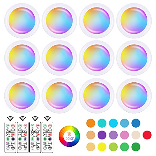 SIXDEFLY Wireless 16 Color Changing LED Puck Light 12 Pack LED Under Cabinet Lighting Closet Light Battery Powered Night Lights with Remote Control Dimmer & Timing Function