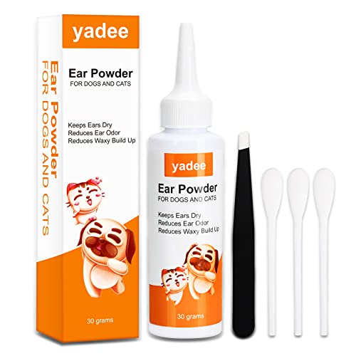 yadee Dog Ear Powder, Ear Hair Removal for Dogs Cats, 30gm Ear Cleaner Fresh Powder with Tweezers & Large Cotton Swabs, Relief Ear Infection, Remove Wax & Odor