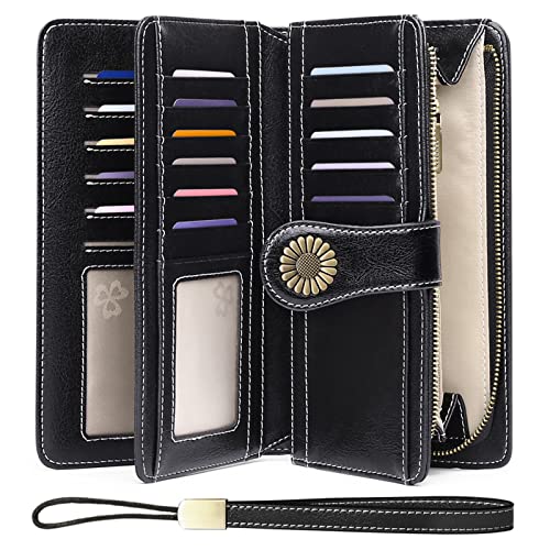 SENDEFN Wallets for Women Genuine Leather Credit Card Holder with RFID Blocking Large Capacity Wristlet