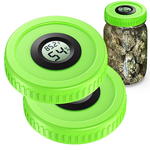 ZHANXUBIO Airtight Mason Jar Lids Built-In Stash Hygrometer Herb Curing monitor fits all Wide Mouth/Regular Mouth Mason Jars humidity lid 2pcs (86mm, Green)