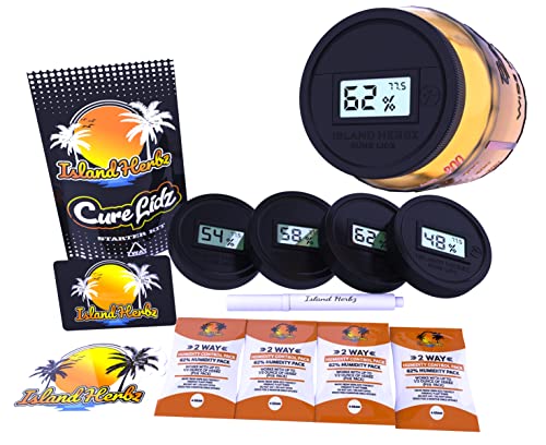 ISLAND HERBZ Digital Curing Kit - Fits All Wide Mouth Mason Jar Containers - Kit includes 4 Digital Hygrometer Lids with 4 Organic 2 Way Controllers 1 Scoop Card 1 White Marker and 1 Slap On (Jar Not Included)