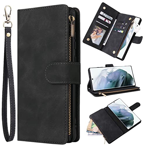 ZZXX Samsung Galaxy S22 Ultra Case Wallet with Card Slot Premium Soft PU Leather Zipper Flip Folio with Wrist Strap Kickstand Protective for Samsung S22 Ultra Wallet Case(Black-6.8 inch)