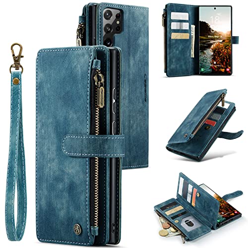 Samsung Galaxy S22 Ultra Case, Samsung S22 Ultra Wallet Case for Women and Men, Durable PU Leather Magnetic Flip Lanyard Strap Wristlet Zipper Card Holder Phone Case for Galaxy S22 Ultra (Blue)