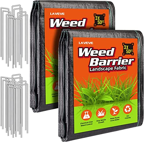 LAVEVE 3FTx 100FT Weed Barrier Landscape Fabric, 3.2oz Premium Heavy-Duty Gardening Weed Control Mat, Ground Cover for Gardening, Farming with 20 U-Shaped Securing Pegs