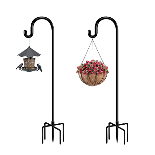 Funtife 76 in Outdoor Shepherd Hooks for Hanging Plants, Garden Adjustable Heavy Duty Hummingbird Feeder Pole Stand Hanger with Stand for Solar Lantern Flower Baskets Wind Chimes, Black 2 Packs