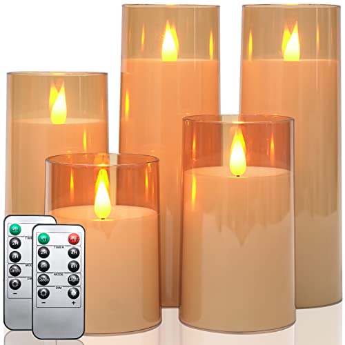 Fo32won Amber LED Flameless Pillar Candles Battery Operated with Remote and Timer, Set of 5 (D 3"H 4" 5" 6" 8" 8") Plexiglass LED Flickering Candles with 3D Flame