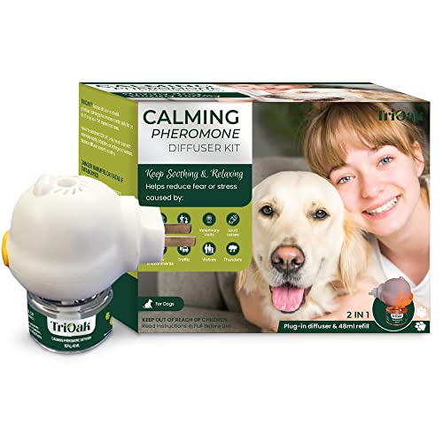 TriOak Dog Calming Pheromone Diffuser, 2 in 1 Dog Calming Starter Kit (Diffuser Head + 48ml Vial) for 30 Days Use, Enhanced Dog Calming Diffuser Kit for Dog Anxiety Relief