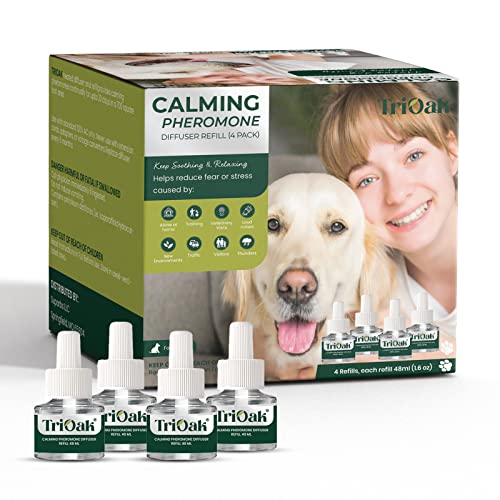 TriOak 4 Pack Dog Calming Pheromone Diffuser Refills, Enhanced Dog Calming Pheromones 4-Month Supply, Dog Anxiety Relief Pheromones, 48ml x4 Universal Refillss (Fits All Common Diffuser Heads)