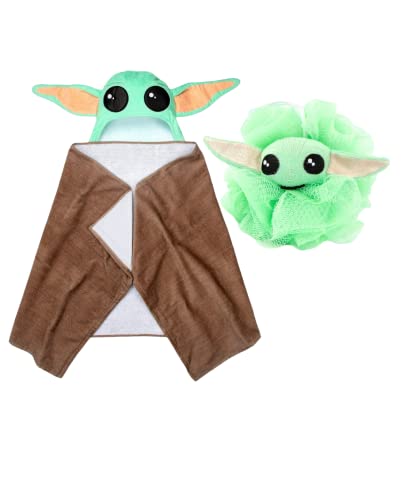 MARADEK Cotton Mandalorian Grogu Hooded Towel Green/Brown The Child Baby Yoda Star Wars Soft Absorbent Bath Accessory Gift Set for Kids Boys and Girls 