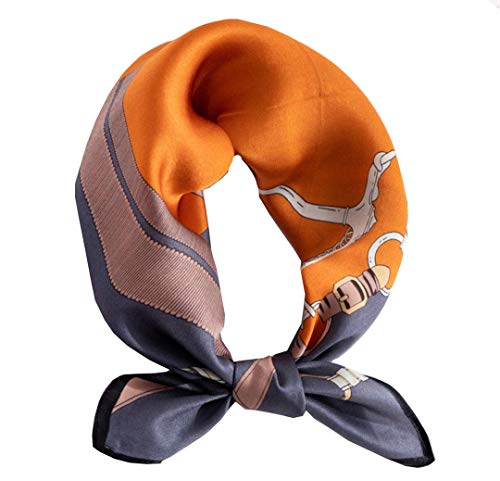 100% Real Mulberry Silk Scarf -21'' x 21''- Lightweight Neckerchief Women Men Small Square Digital Printed Scarves (Belts-Orange-Grayish Blue)