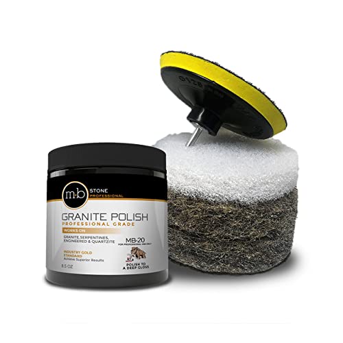 MB Stone MB-20 Polishing Kit - Granite Polish, Granite Polishing Tool, Stone Polish | Serpentines & Quartzite | Ready to Use Bundle with Hogs Hair Pads & Pad Driver, 8.5oz jar