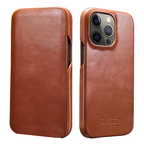 ICARER iPhone 13 Pro Leather Case,Genuine Leather Flip Folio Opening Cover in Curved Edge Design, Slim Thin Side Open Case for iPhone 13 Pro 6.1 Inch 2021 (Brown)