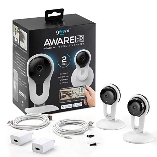 Geeni Aware 1080p Indoor Smart Home Security Camera with 2-Way Talk, Night Vision and Motion Alerts, Works with Alexa and Google Home, No Hub Required, White (2 Pack)