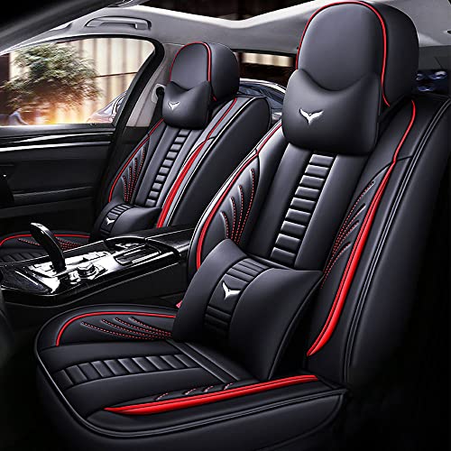 Full Set of Universal Fit Automotive Seat Covers fit for Jeep Gladiator 2020-2023, PU Leather Automobile Interior Sets with Headrest & Back Pillow Black & Red Line