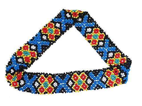 WigsPedia Native American Pattern Elastic Stretch Seed Bead Beaded Headband Hair Accessories (White/Yellow/Red Diamond)