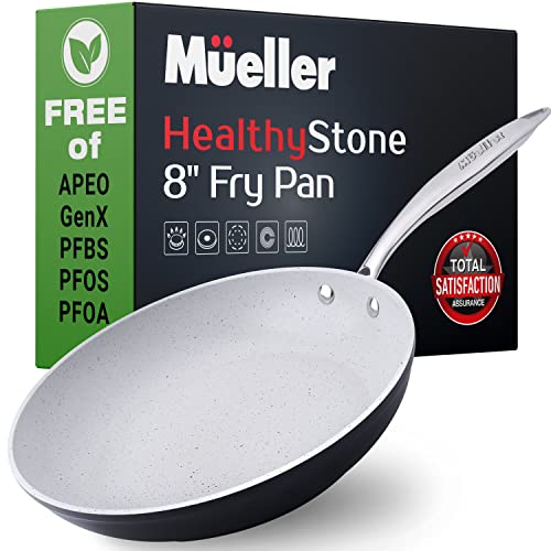 Mueller 8-Inch Non-Stick Fry Pan, No PFOA or APEO, Heavy Duty German Stone Coating Cookware, Aluminum Body, EverCool Stainless Steel Handle, Carbon