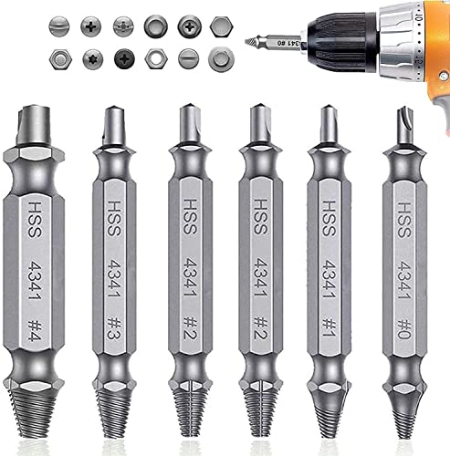 GZXHMY 6 Pieces Silver Screw Extractor Kit, Damaged Screw Extractor Kit HSS 4341 High Speed Steel Damaged and Stripped Screw Remover Tool and Drill Bit Set, Broken or Stripped Screws (G17J-P626)