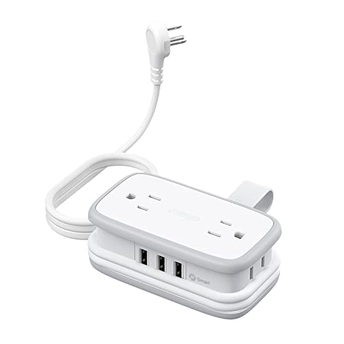 Travel Power Strip with USB Ports, NTONPOWER 4 Outlets 3 USB with 4FT Wrapped Short Extension Cord Flat Plug, USB Portable Desktop Charging Station, Compact for Hotel Travel Cruise Essentials, White