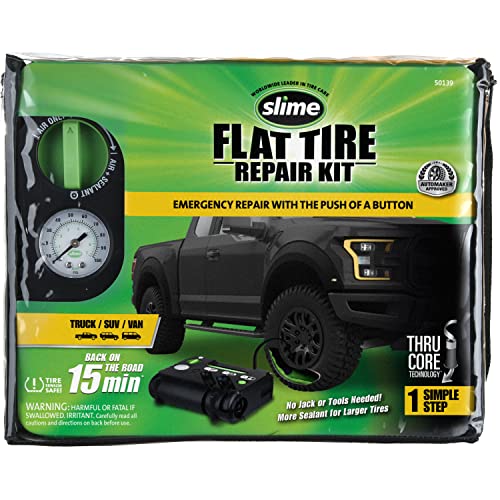 Slime 50139 Flat Tire Puncture Emergency Kit, Includes Sealant and Tyre Inflator Pump, Analog, Suitable for Trucks, SUVs and Vans, 15 Min Fix