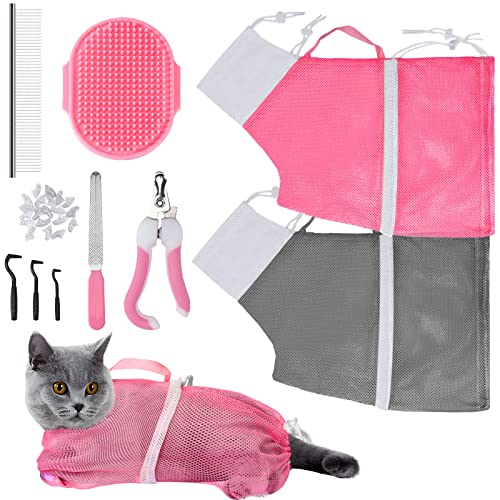 JULMELON Cat Washing Bag 10 PCS Set, Adjustable Cat Shower Net Bag and Pet Grooming Brush with Nail Clipper Nail File Hair Combs Tick Tool Nail Caps for Bathing Nail Trimming Examination(Pink+Grey)