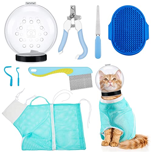 8 Pcs Cat Muzzle Set with Adjustable Cat Bathing Bag Breathable Clear Cat Muzzle Pet Grooming Brush Tick Remover Tool Nail Clipper Nail File for Pet Bathing Cleaning Trimming Grooming