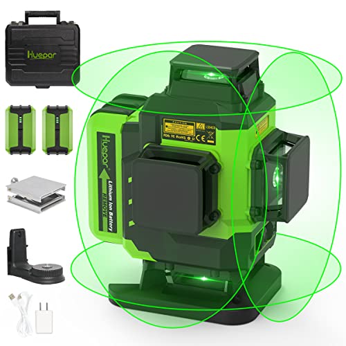 Huepar 4x360 Laser Level Self-leveling 16 Lines Green Beam 4D Cross Line Tiling Floor Laser Tool-2 x 360 Horizontal & 2 x 360 Vertical Laser Lines with Two Li-ion Batteries and Hard Carry Case-LS04CG