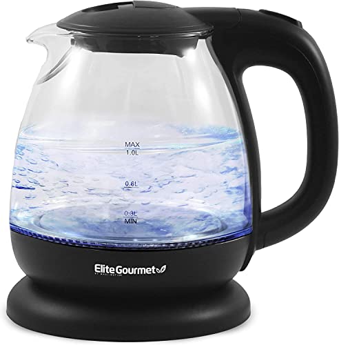 Elite Gourmet EKT1001B Electric BPA-Free Glass Kettle, Cordless 360 Base, Stylish Blue LED Interior, Handy Auto Shut-Off Function  Quickly Boil Water for Tea & More, 1L, Graphite Black