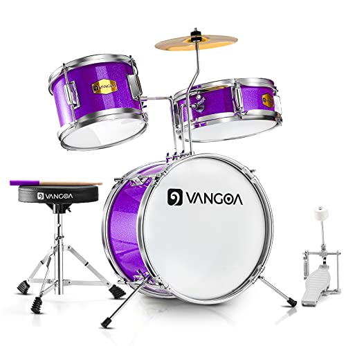 Kids Drum Set, 14 Inch Beginner Drum Kits, 3 Piece Drum Set for Kids Boys Girls Age 3-7, with Adjustable Throne, Cymbal Pedal, Drumsticks, Purple